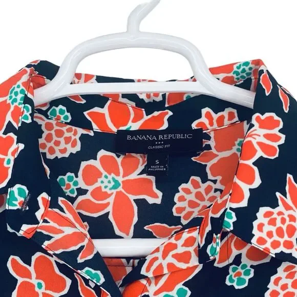 Banana Republic Classic Fit‎ Floral Coral Navy Blue Blouse Top Size Small - Picture 4 of 8
